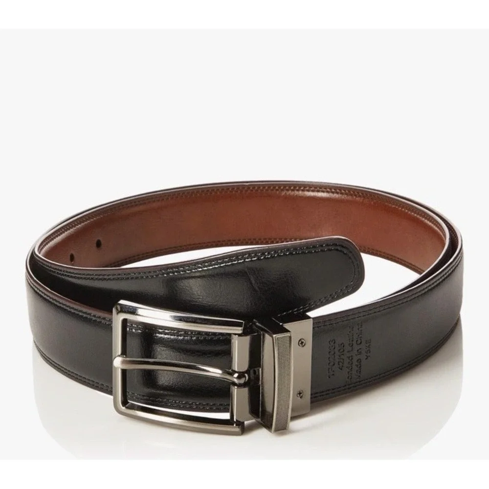Perry Ellis Mens Reversible Belt Brown Black Leather Silver Buckle Size 34 36 - Picture 3 of 4